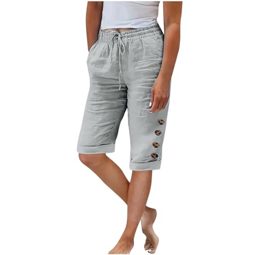 Jogginghose Damen Sommer Modische, Sale Leinenhose Leicht Luftig, Stoffhose Mit Gummizug, Einfarbige Damenhose Aus Baumwolle Und Leinen Mit Lockerem Kordelzug Und Knopf, Lässige Hose Mit Weitem Bein von HAOLEI