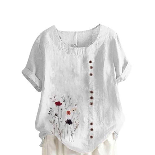 Leinen Oberteil Damen Locker Casual Hemd Blusenshirt Übergroßes Mit Rundhalsausschnitt Und Kurzen Ärmeln Knopfleiste Sommerblusen t-Shirt Elegante Schicke Leinenshirt Leicht Luftig Top Weich Bequem von HAOLEI
