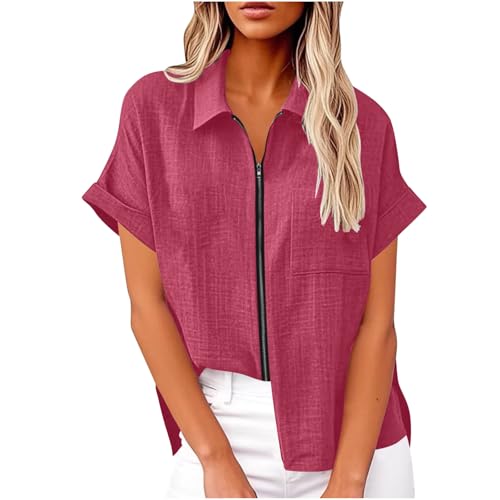 Leinenhemd Damen Leicht Luftig Mit Revers Und Reißverschluss Sale Kurzarmhemd Oberteil Aus Baumwoll Leinen Musselin Bluse Blusenshirt Elegante Schicke Sommerblusen Weich Bequem Leinenshirt Casual von HAOLEI