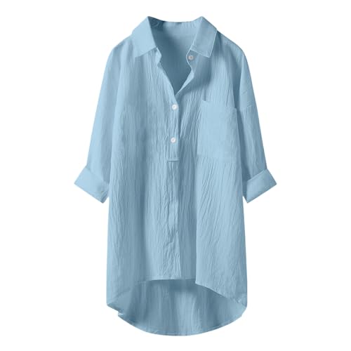 Leinenhemd Damen Musselin Bluse Leicht Luftig Leinen Oberteil Langärmliges Hemd Mit Reverstasche Und V-Ausschnitt Blusenshirt Elegante Schicke Sommerblusen Weich Bequem Leinenshirt Locker Casual von HAOLEI