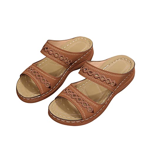 Sandalen Damen Lässige Modische Rutschfeste, Hausschuhe Sommer Original Bequeme, Keilsandalen Mit Runder Spitze, Schlappen Lässige Modische Outdoorsandalen Pantoletten Keilabsatz Und Retro Nähten von HAOLEI
