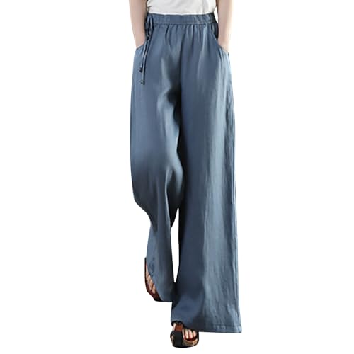 Schnürhose Für Damen Aus Baumwolle Und Leinen, Einfarbige Hose Mit Weitem Bein Und Hoher Taille, Wide Leg Pants Women Elegante Schicke, , Sommerhose Lockere Lässige, Günstig Leinenhose Leicht Luftig von HAOLEI