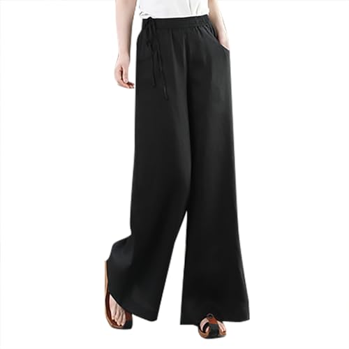 Schnürhose Für Damen Aus Baumwolle Und Leinen, Einfarbige Hose Mit Weitem Bein Und Hoher Taille, Wide Leg Pants Women Elegante Schicke, , Sommerhose Lockere Lässige, Günstig Leinenhose Leicht Luftig von HAOLEI