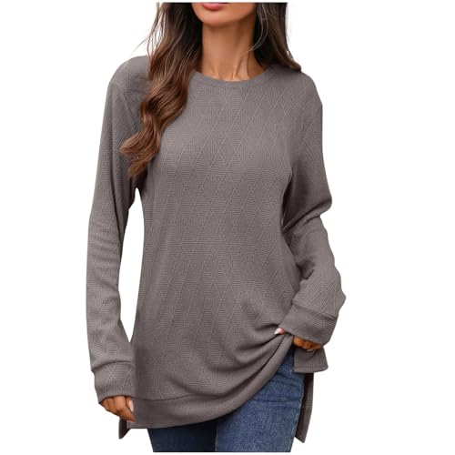 T-Shirt Damen Lässig Longsleeve Elegant Basic Longtops Langärmeliges Oberteil Mit Rundhalsausschnitt Jacquardmuster Und Weitem Schlitz Für Herbst Winter Tshirt Bequem Longshirt Bluse Langarmshirt von HAOLEI