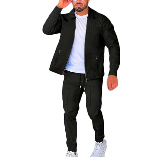 Trainingsanzug Herren Mode Freizeit Jogginganzug Atmungsaktiv Jacke Aus Waffelstoff Mit Tasche Und Reißverschluss Am Revers Jacke, Trainingshose Hausanzug Klassisch Sportanzug Komfortabel von HAOLEI