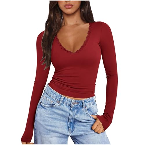 Tshirt Damen Elegant Schick, Günstig Enges Langärmliges T-Shirt Mit Rundhalsausschnitt Und Spitzenbesatz, Oberteile Leicht Und Luftig, Bluse Weich Bequem, Langarmshirt Top Casual Fashion von HAOLEI