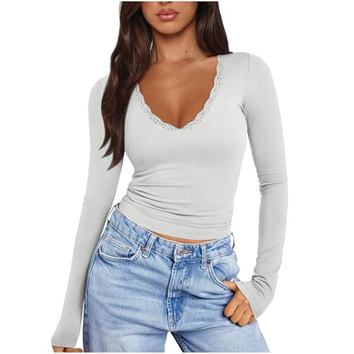 Tshirt Damen Elegant Schick, Günstig Enges Langärmliges T-Shirt Mit Rundhalsausschnitt Und Spitzenbesatz, Oberteile Leicht Und Luftig, Bluse Weich Bequem, Langarmshirt Top Casual Fashion von HAOLEI