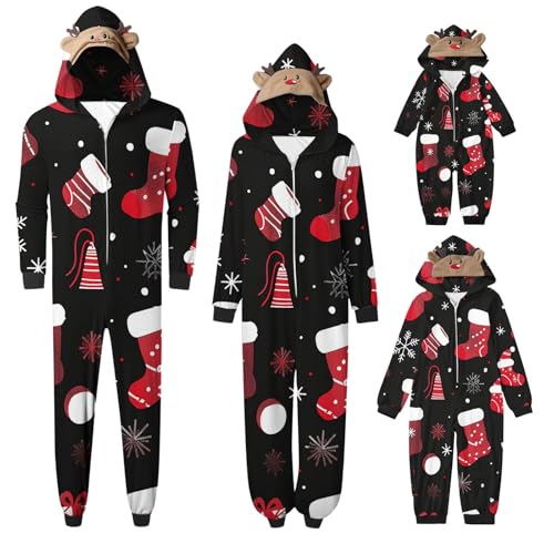 Weihnachten Pyjama Set mit Kapuze Einteiler Familie Set Jumpsuit Passender Weihnachtspyjama Paare Familien Schlafanzug Sale Christmas Nachtwäsche Lang Outfit Winter Damen Herren Kinder Hausanzug von HAOLEI