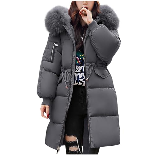 Winterjacke Damen Leicht Warme, Steppjacke Elegant Schick, Daunenjacke Flauschig Und Federleichte, Günstig Mittellanger Wintermantel Im Winter Mit Großem Pelzkragen Und Verdicktem Baumwollmantel von HAOLEI
