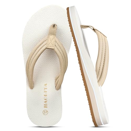 HAOLIRA Flip Flops Damen Stoff Weich Orthopädische Zehentrenner mit Arch Support Leicht Bequeme Rutschfest Sommer Strand Sandalen (03 Beige/Weiß 38) von HAOLIRA