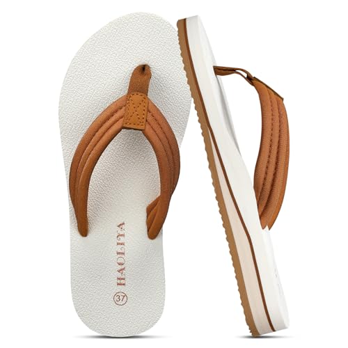 HAOLIRA Flip Flops Damen Stoff Weich Orthopädische Zehentrenner mit Arch Support Leicht Bequeme Rutschfest Sommer Strand Sandalen (03 Gelb/Weiß 38) von HAOLIRA
