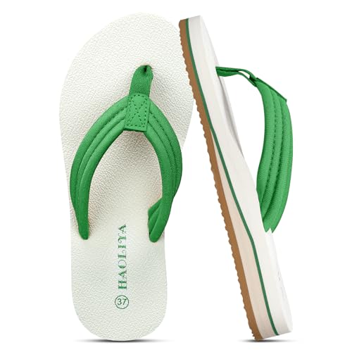 HAOLIRA Flip Flops Damen Stoff Weich Orthopädische Zehentrenner mit Arch Support Leicht Bequeme Rutschfest Sommer Strand Sandalen (03 Grün/Weiß 39) von HAOLIRA