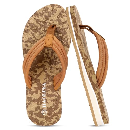HAOLIRA Flip Flops Damen Stoff Weich Orthopädische Zehentrenner mit Arch Support Leicht Bequeme Rutschfest Sommer Strand Sandalen (03 Tarnung/Gelb 40) von HAOLIRA