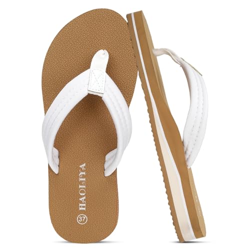 HAOLIRA Flip Flops Damen Stoff Weich Orthopädische Zehentrenner mit Arch Support Leicht Bequeme Rutschfest Sommer Strand Sandalen (03 Weiß/Gelb 42) von HAOLIRA
