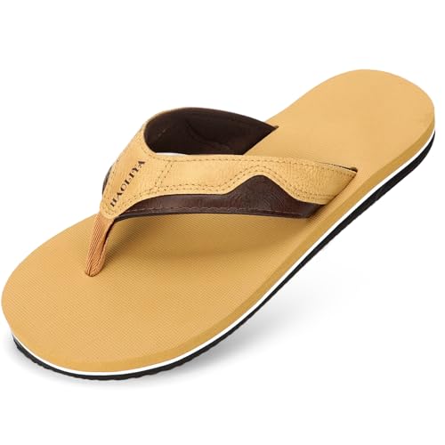 HAOLIRA Herren Flip Flops Beach Sandalen Leder Leichte Comfy Outdoor Surfen Sommer Strand Zehentrenner Gr.41-46 (04 Braun/Khaki 46) von HAOLIRA