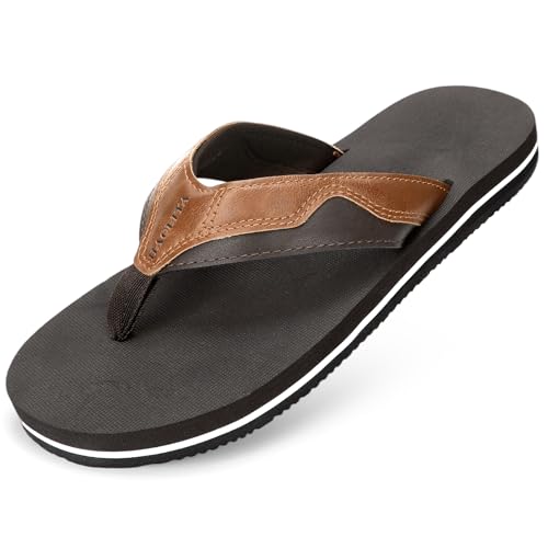 HAOLIRA Herren Flip Flops Beach Sandalen Leder Leichte Comfy Outdoor Surfen Sommer Strand Zehentrenner Gr.41-46 (04 Khaki/Dunkelgrau 43) von HAOLIRA