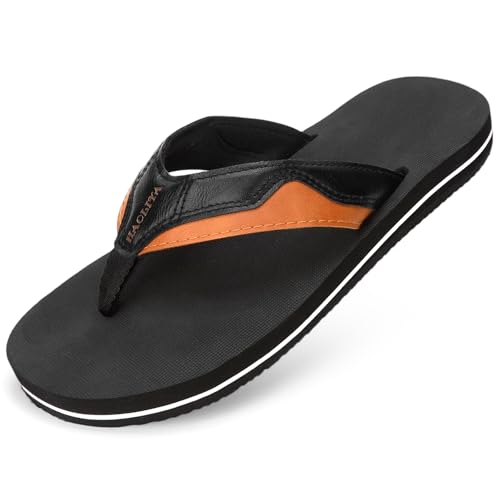 HAOLIRA Herren Flip Flops Beach Sandalen Leder Leichte Comfy Outdoor Surfen Sommer Strand Zehentrenner Gr.41-46 (04 Tawny/Schwarz 41) von HAOLIRA