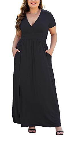 HAOMEILI Damen L-5XL Kurzarm Maxikleid V-Ausschnitt Übergröße Freizeitkleider mit Taschen, A01-Schwarz, XX-Large Mehr von HAOMEILI