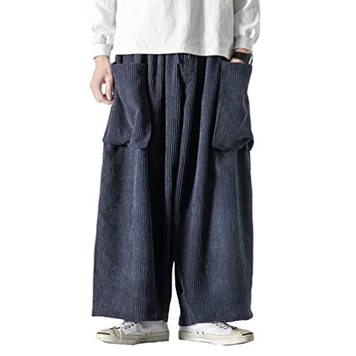 HAORUN Herren Baggy Cordhose Kung-Fu Hose Loose Casual Bottom Hip Hop Grau, Marineblau 3, Groß von HAORUN