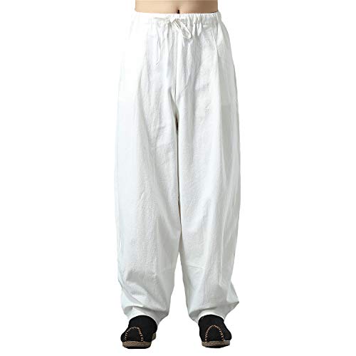 HAORUN Herren-Hose, lockere Passform, Leinen-Baumwolle, breites Bein, chinesischer Stil - Weiß - X-Klein von HAORUN