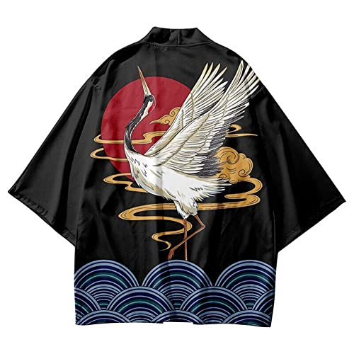 HAORUN Japanischer Herren-Kimono-Mantel, lockere Yukata-Oberbekleidung, langer Bademantel, Oberteil, Vintage-Stil, Kurzgröße M, XX-Large von HAORUN