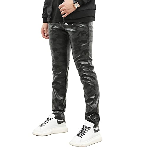 HAORUN Herren Kunstlederhose Slim Fit Stretch Casual Party Hose Einfarbig, camouflage, 49 von HAORUN