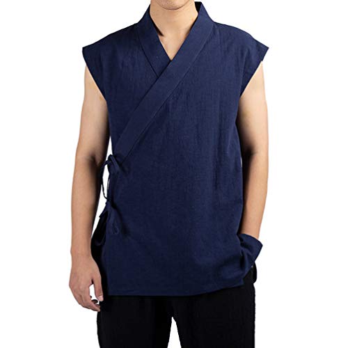 HAORUN Herren Leinenweste Regular Fit Chinesischer Stil Vintage Hemd Retro Einfarbig - Blau - X-Groß von HAORUN