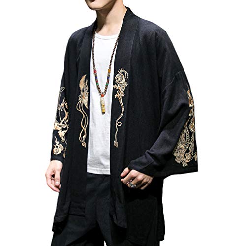 HAORUN Stickerei Drache Herren Japanischer Mantel Kimono Top Outwear Baumwolle Retro Lose Casual, Schwarz , S von HAORUN