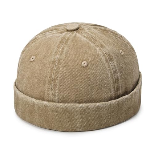HAORUN Unisex Washed Denim Docker Cap Rolled Cuff Beanie Hip Hop Hat Brimless, Khaki, Einheitsgr��e von HAORUN