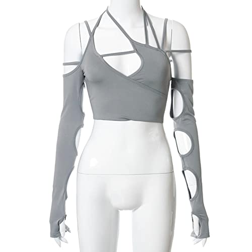 Halter Crop Tank Tops Cyber Punk Gothic Long Sleeve Rave Outfit Cut Out Bandage T-Shirts Korean Y2K Aesthetic Clothes Women von HAOSEM