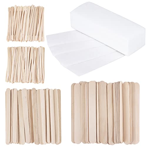 400Pcs Wachsstreifen Sticks Kit, HAOTIAN-X 300 Klein Mittel Groß Holz Wachsapplikator Sticks Augenbraue Wachs Spatel und 100 Vlies-Papier Wachsstreifen für Gesicht Körper Haarentfernung Frauen von HAOTIAN-X