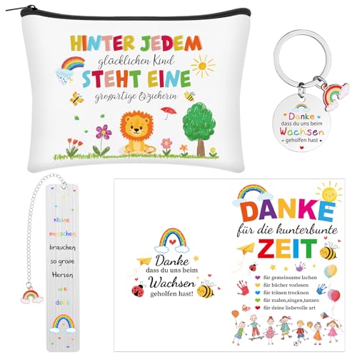HAOWANWW 1Set-4Pcs Dankeschön Geschenke für Lehrer Danke Kosmetiktasche Schlüsselanhänger mit Gravur für Lehrer Kulturbeutels Lesezeichen Inspirierende Karte Erzieher Geburtstag Abschluss von HAOWANWW