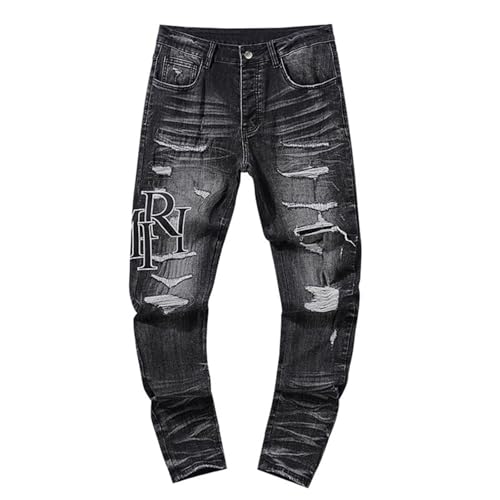 HAOZYUN Nuova Strada Alta Buchi Rotti Toppe Tendenza Retrò Jeans Dritto Sub Uomini Di Moda Quotidiana Hosen (Color-7,M) von HAOZYUN