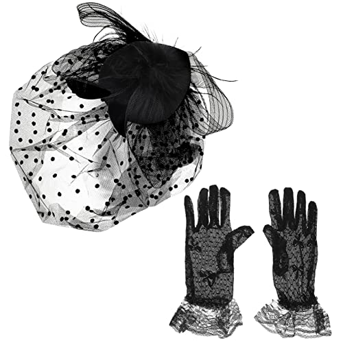 HAPINARY 1 Satz Fascinator Netzschleierhut Spitzenhandschuhe Für Tanzparty Teeparty Haaraccessoire Handschuh-set von HAPINARY