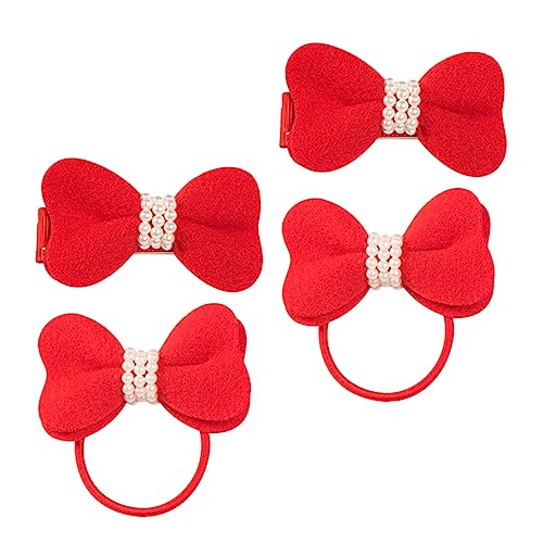 HAPINARY 4 Stück Kopfbedeckung Für Kinder Zopf Elastisches Haarseil Weihnachtsspangen Haar-stirnband Haarspange Schleife Haarnadel Haargummis Doppelseitiges Vlies Baby Klassisches Rot Perle von HAPINARY