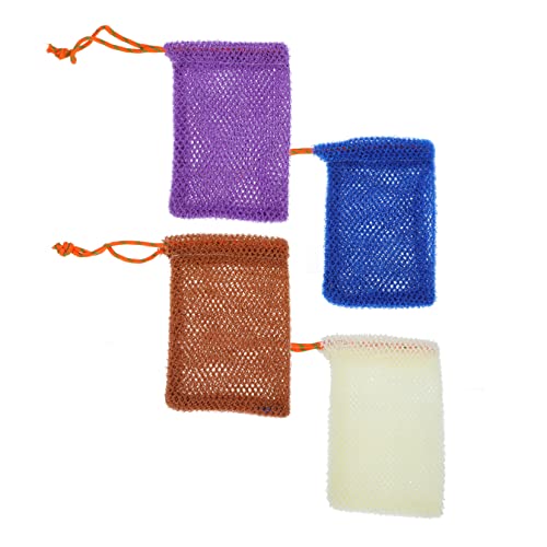 HAPINARY 4 Stück Seifenbeutel Für Dusche Praktische Schaumnetz Seifentaschen Hautpeeling Handtücher Schnelltrocknend Für Zuhause Und Reisen Kordelzug in Blau Braun Und Beige von HAPINARY