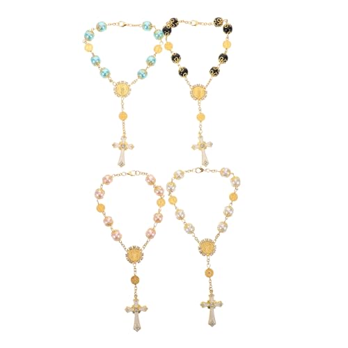 HAPINARY 4 Stück Teiliges Handgefertigter Kreuz Perlen Armbänder mit Glasperlen in Weiß Blau Schwarz Rosa Langlebiger Religiöser Schmuck für Gebet Yoga und Stilvolle Innenraumdekoration von HAPINARY