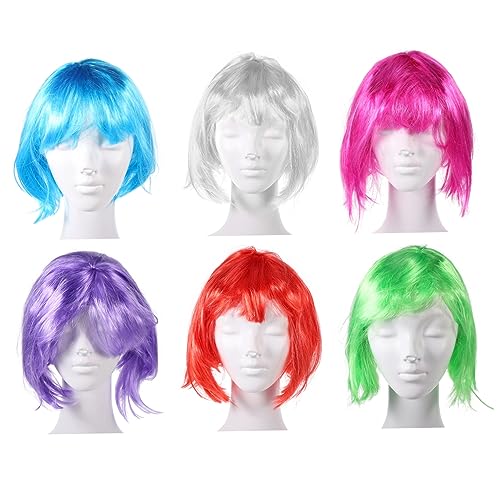 HAPINARY 6stücke Party Haarteil Bunte Kostüm Perücke Kurze Bob Haarschnitt Perücke Für Mädchen Frauensynthetische Damenperücken Cosplay Hitzebeständige Frisuren von HAPINARY