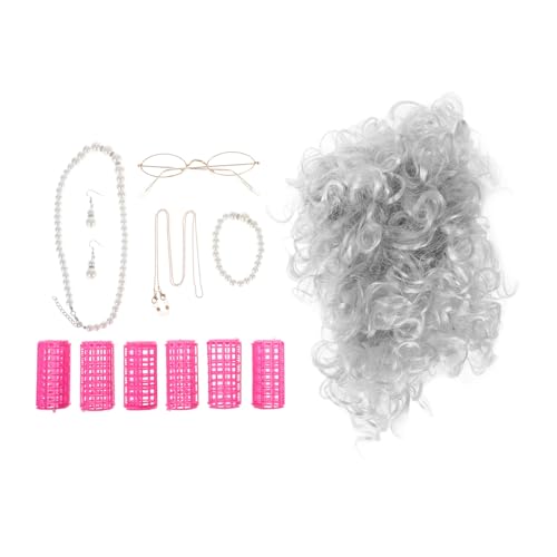 HAPINARY 1satz Old Lady Wig Mit Haarwicklern Und Brille Für Halloween Lustiges Kostüm Für Frauen Geeignet Für Cosplay Und Rollenspiele Wiederverwendbar Und Komfortabel von HAPINARY
