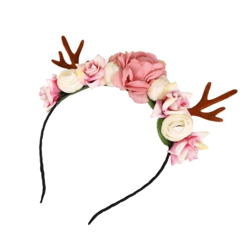 HAPINARY Rentier Haarreif mit Blumen und Imitationsgeweih Elastisches Weihnachts Haarband für Mädchen Langlebiges Accessoire für Fasching Karneval und Kostümspiele von HAPINARY