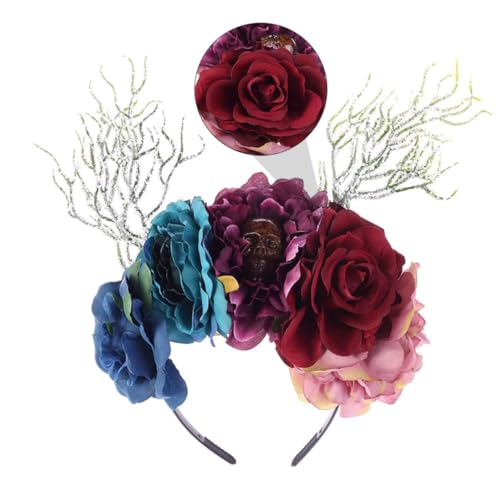 HAPINARY Totenkopf-stirnband Blumenhaar Halloweenkostüm Haarschmuck Für Mädchen Geweih-blumen-stirnband Rotes Party-stirnband Bunte Blumen Haarreifen Haarteil Kranz Cosplay von HAPINARY