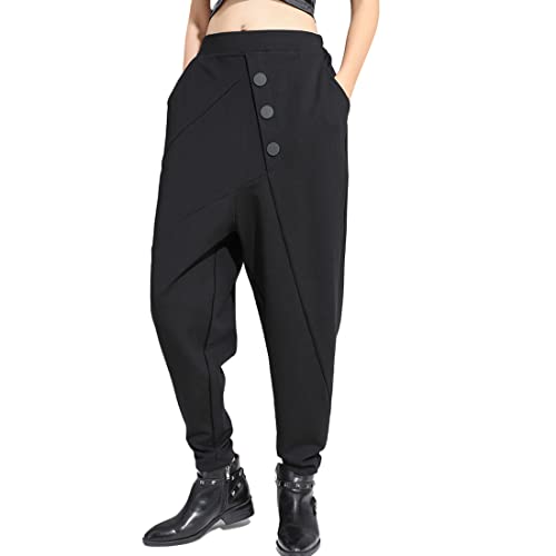 HAPPECA Damen Hosen Formell Hose gotisch Dunkel Hoch Elastische Taille Schwarz Taste Stich Harem Hose Lockere Passform Hose Mode Tide Frühling Sommer Herbst von HAPPECA