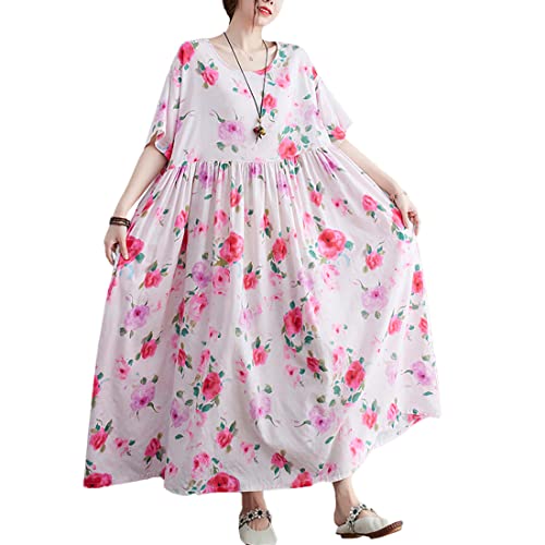 HAPPECA Damen Kleider Sommer Lang Boho Freizeitkleid Sommer Überdimensioniert Baumwolle Blumenkleid Lose Lang Urlaub Arbeit Strand Bohemien Frühling Femme-Kleid Kurzarm Runder Kragen von HAPPECA