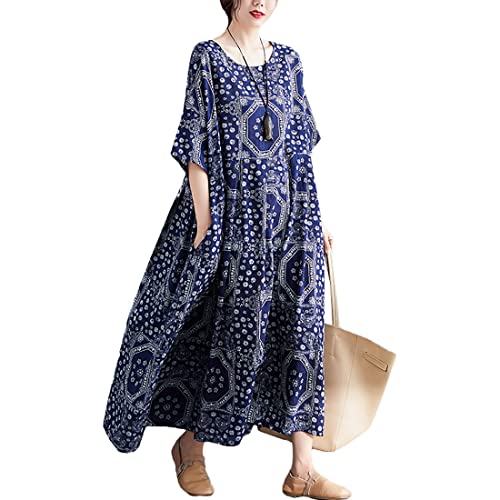 HAPPECA Damen Oversize Kleid Vintage Casual Sommerkleid Baumwolldruck Damen Kleider Langes Blumenmode Kleid Loser Rundkragen Damen Kleider Lang Damen Kleider Blau von HAPPECA