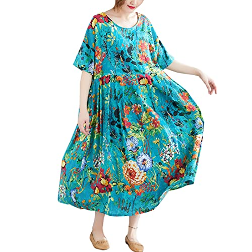 HAPPECA Damen Sommerkleid Übergroßes Boho Strandkleid Baumwolle Blumendruck Damen Kleider Lose Lässig Langes Kleid Rund Kurzarm Plus Größe Damen Kleider Halbarm Damen Kleider Kurz Festlich von HAPPECA