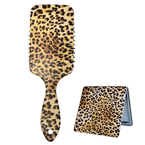 Leopard Haarbürsten-Spiegel-Set, klein, kompakt, Reisespiegel, Luftkissen-Kamm für Damen und Mädchen, Haarbürste für alle Haare von HAPPJUN