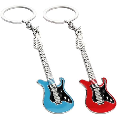 HAPPOW 2 Stück Gitarre Schlüsselanhänger, Schlüsselanhänger Personalisiert, Schlüsselanhänger für Herren und Frauen, Schlüsselanhänger Metall in Rot und Blau, Keychain Cute Mit Schlüsselring von HAPPOW