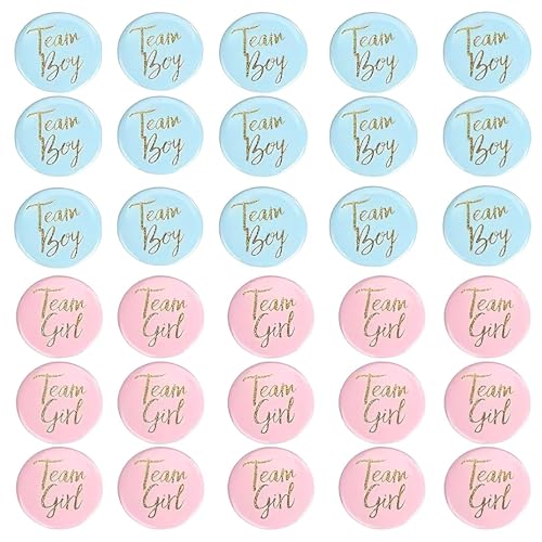 HAPPOW 30 Stück Geschlecht Offenbar Button, Boy or Girl Pin Gender Reveal Rauchbombe, 4.5cm Rund Gender Reveal Pin, für Baby Shower Party Dekoration (Blau Und Rosa) von HAPPOW