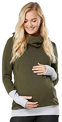 HAPPY MAMA Boutique Damen Umstands-Still-Kapuzenpullover Sweathirt-Pullover 330 (Khaki & Grau, 44-46, 3XL) von HAPPY MAMA