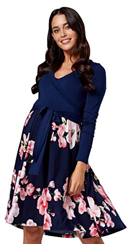 HAPPY MAMA Damen Mutterschaft Muster Skater Band Taille Kleid V- Ausschnitt 551p (Marine mit Blumen, 40, L) von HAPPY MAMA